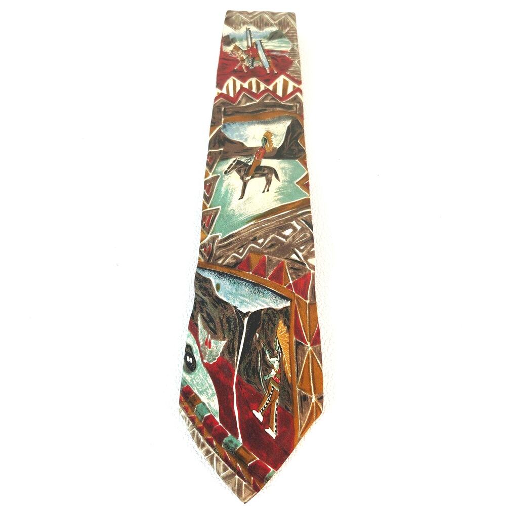 Lands End Tie Mens One Size Multicolor Silk Western Southwestern Geometric VTG